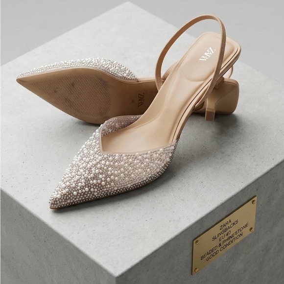 Zara Shoes - Zara Pearl-Beaded Nude Slingback Heels | Size 40